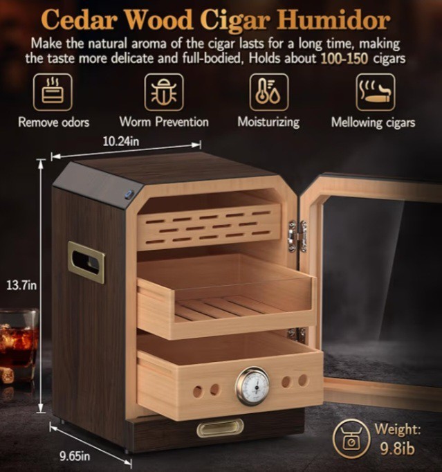 Luxury Cigar Humidor, Lighted Control Magnetic Door Desktop Cabinet