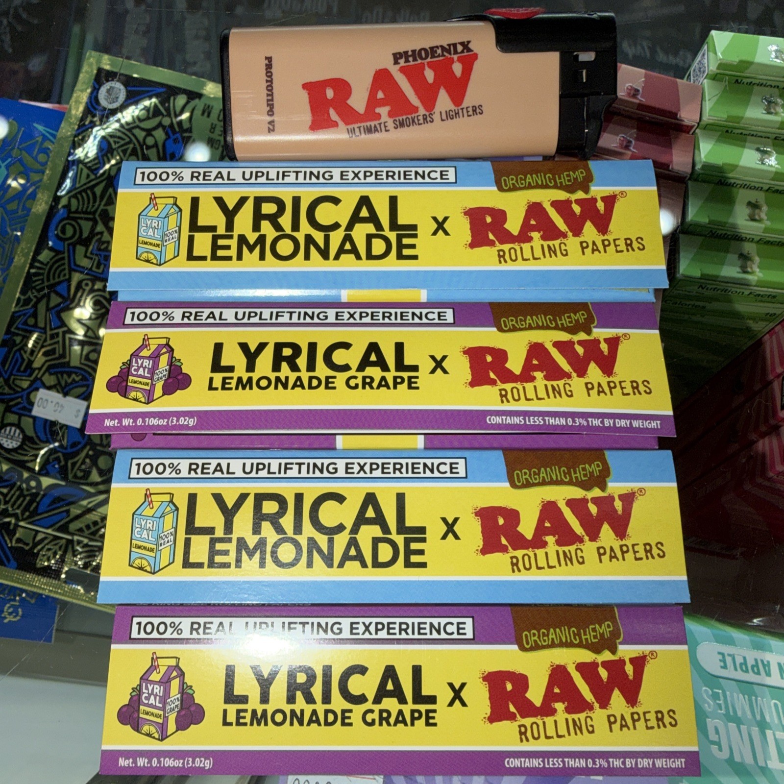 RAW X LYRICAL LEMONADE & GRAPE KING SIZE WIDE PAPERS COMBO + RAW PHOENIX LIGHTER