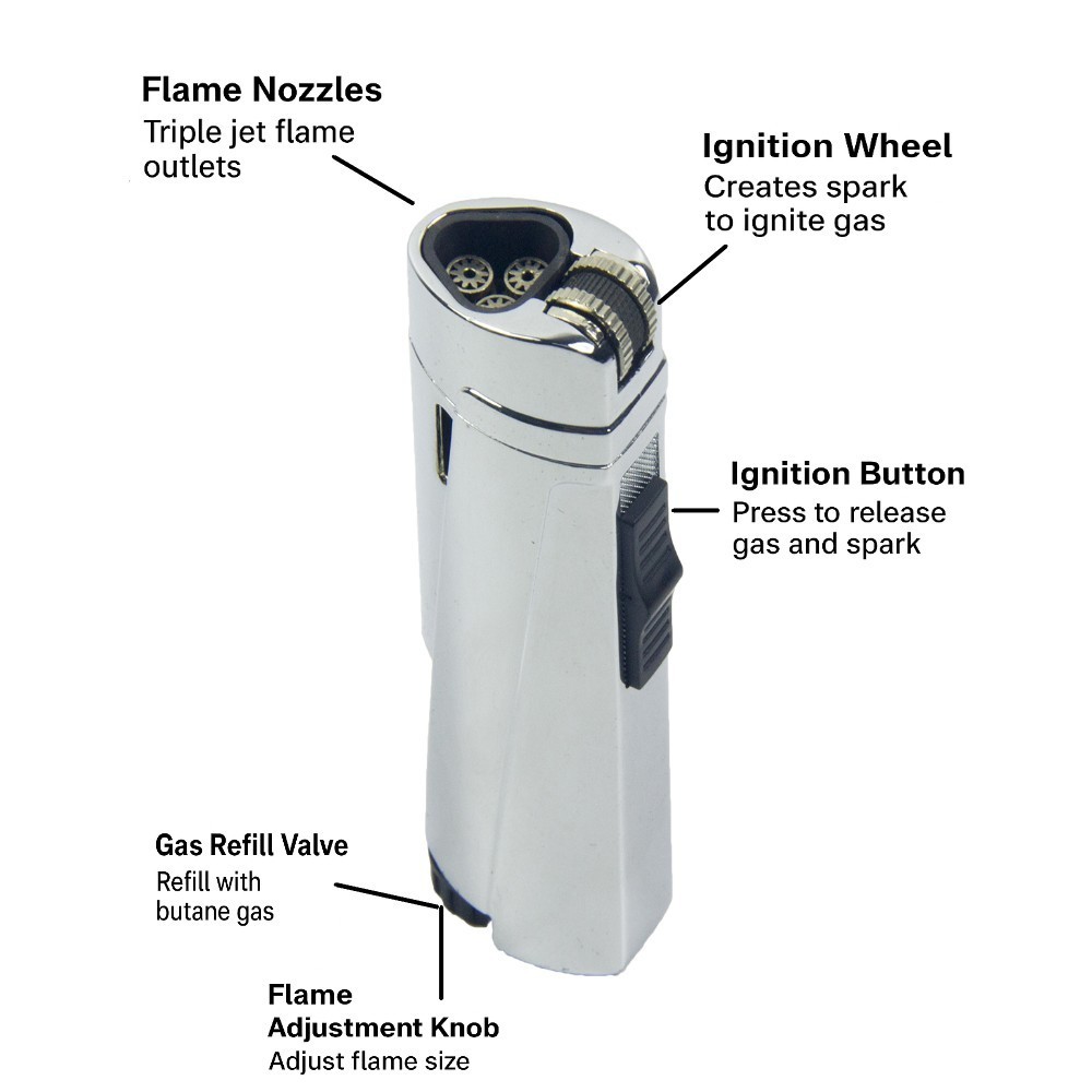 Triple Jet Cigar Torch Lighter Windproof Refillable Butane Flint Wheel Ignition
