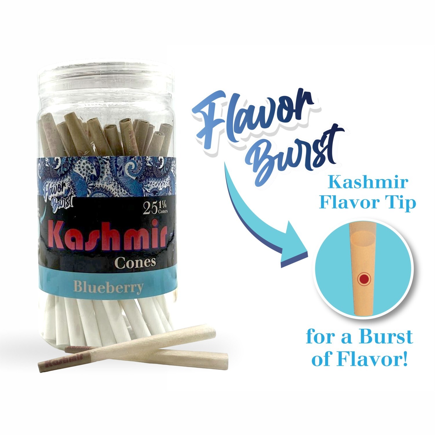 Kashmir Pre Rolled Cones Blueberry Flavored 1 1/4 Rolling Papers Cones 25 Ct Jar