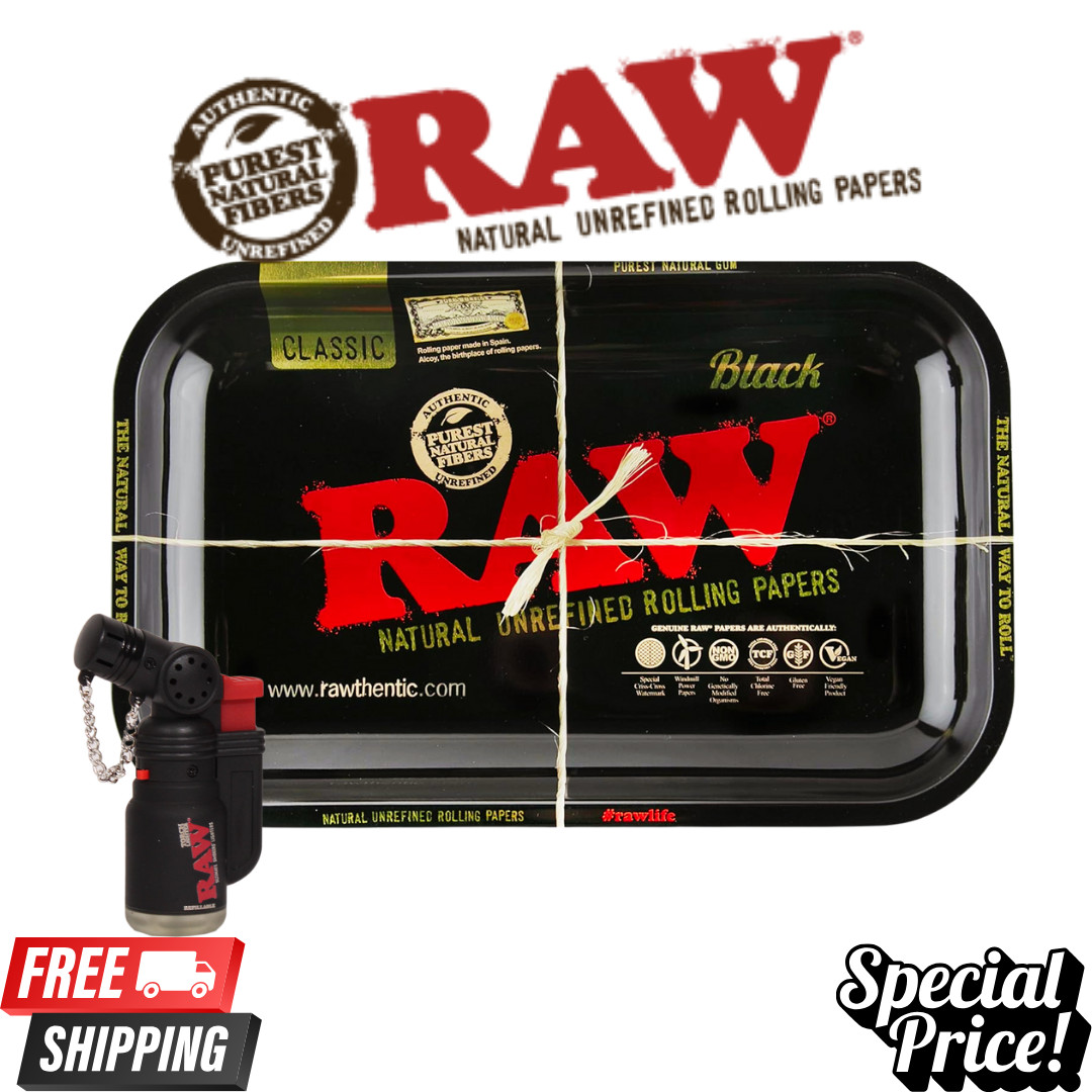 RAW Classic Black Rolling Tray 11″ x 7″ RAW Torch Lighter | Official RAW Bundle