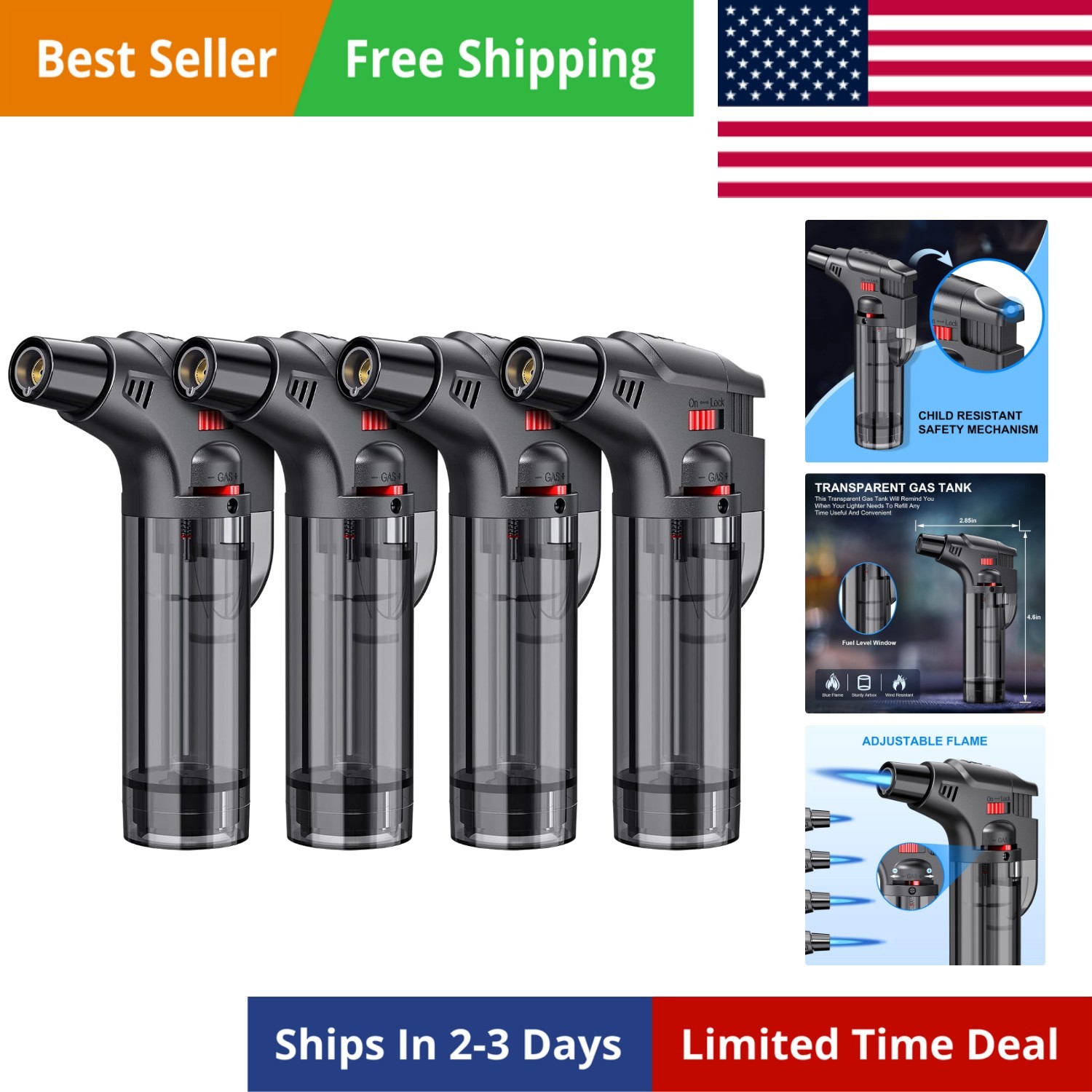 Torch Lighters, 4 Pack, Butane Refillable Jet Flame Torch Lighter, Windproof,…