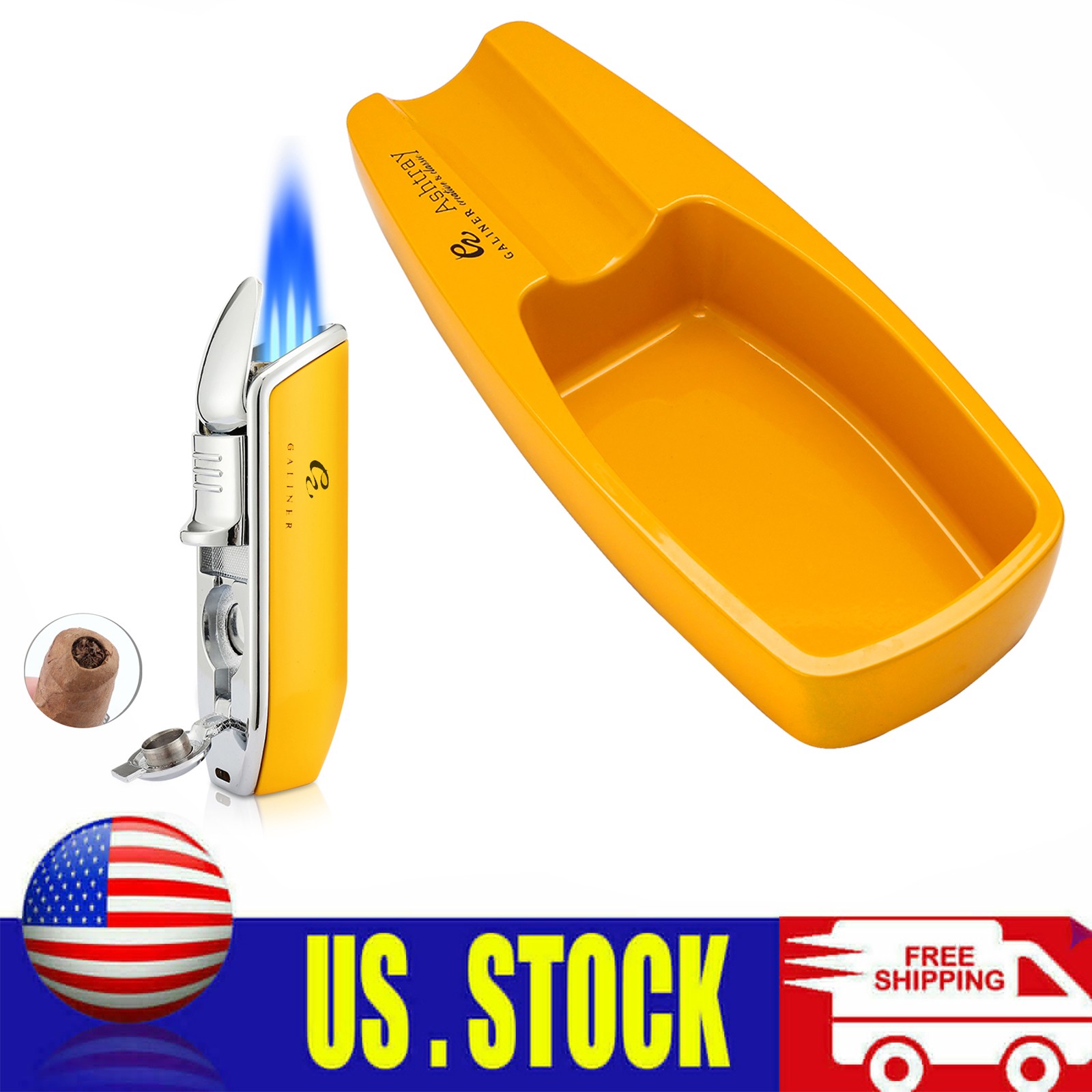 Yellow 3 Jet Torch Flame Cigar Lighter Cigar Ashtray Metal Cigar Punch Holder