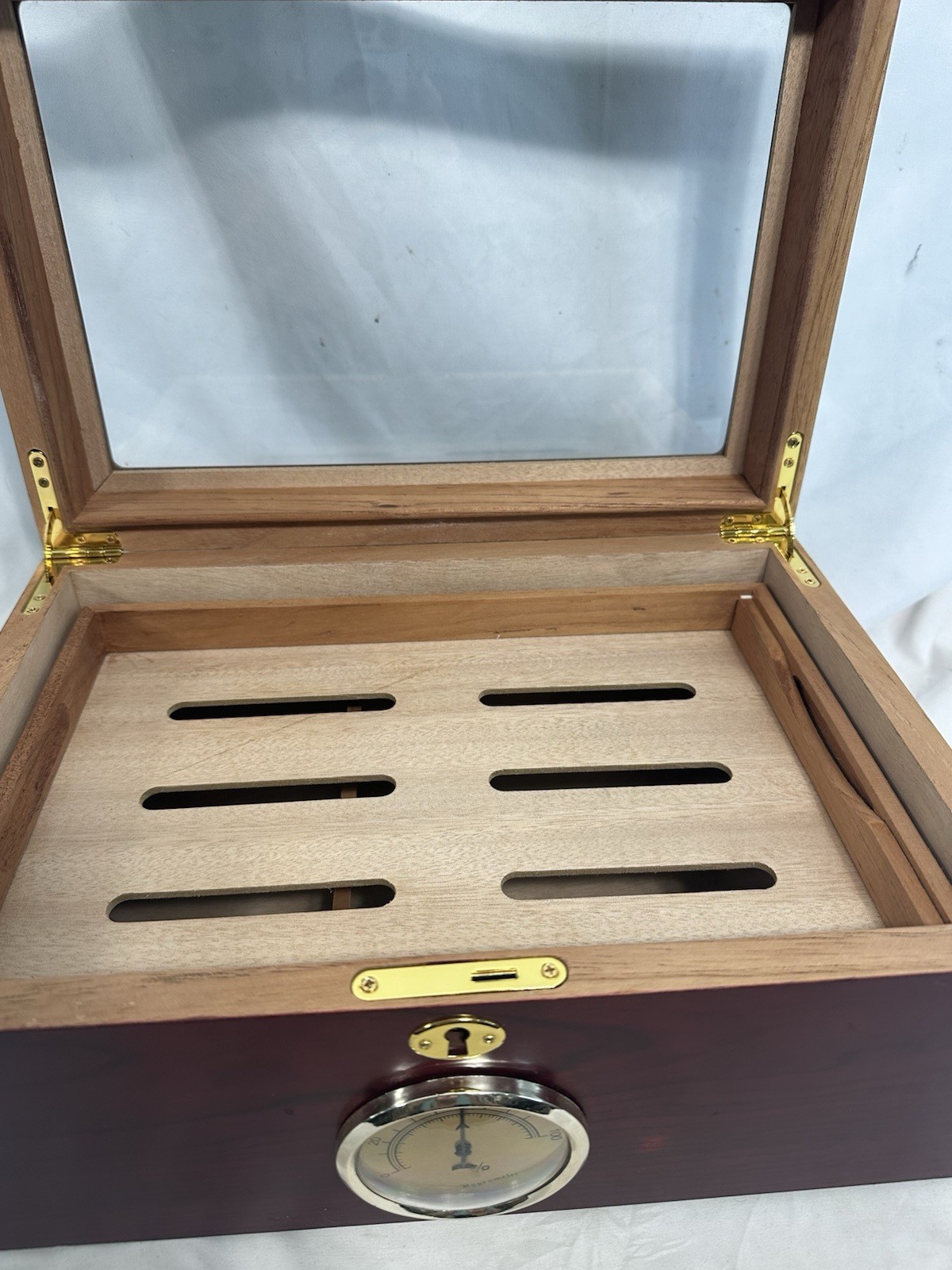 Glass Top Cigar Humidor Hygrometer & Humidifier Wooden Desktop Cedar Lined