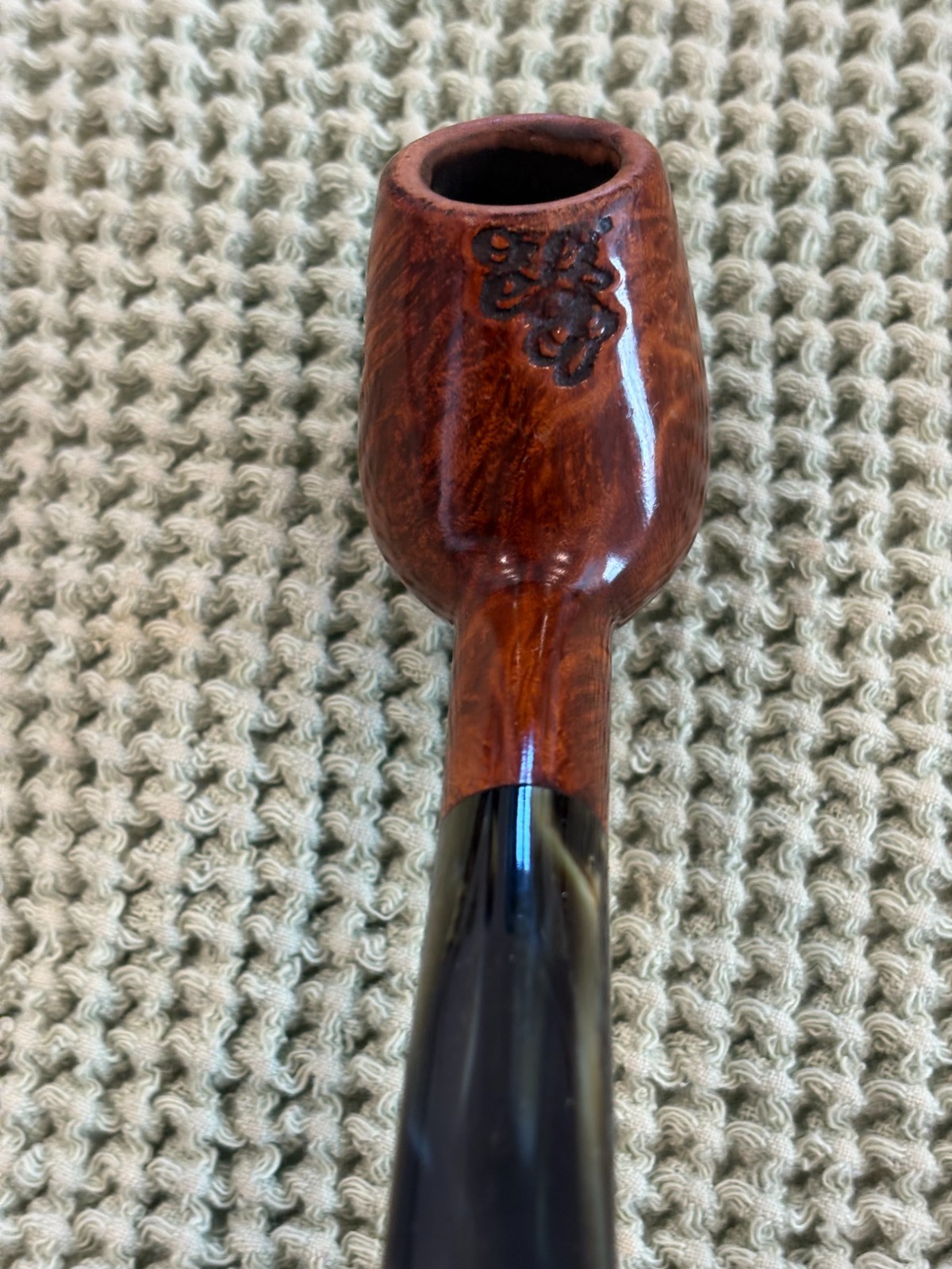 PRINCE OF WALES MADE BY SAVANELLI LARGE BRANDY HAND TOOLED GREEN ACRYLIC STEM