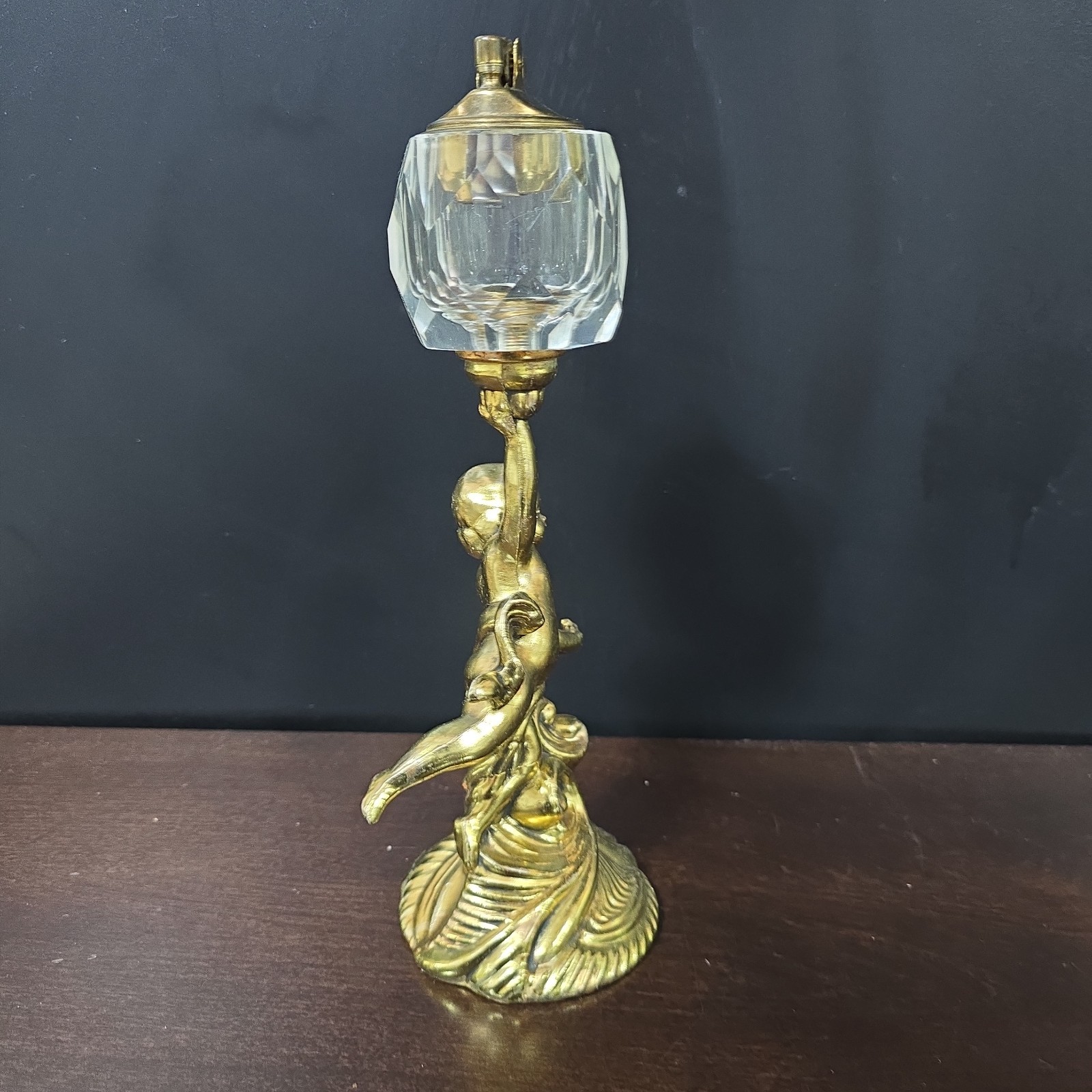 Vintage Figural Cherub Table Lighter Brass Tone Putti Faceted Glass Reservoir