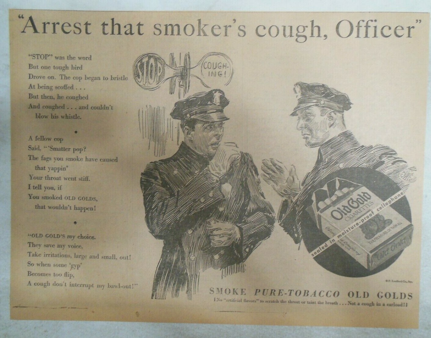 Old Gold Cigarette Ad: James Montgomery Flagg Cops ! 1932 Size: 11 x 15 inches