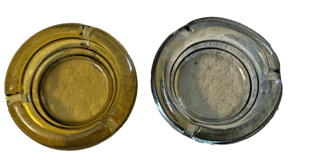 (2) Vintage Round Amber & Clear Ashtray Glass Mid Century MCM 4”