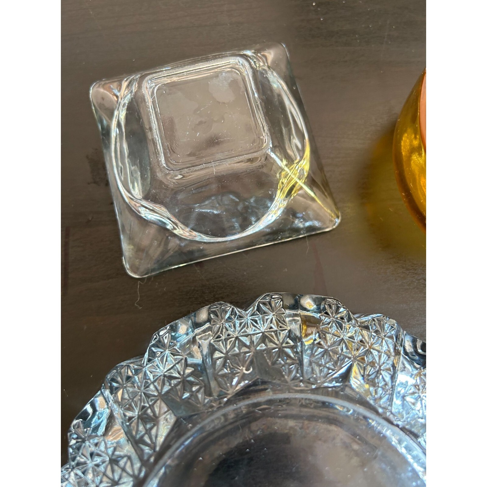 Amber Thick Clear Crystal Glass Set Of 3 Cigarette Ashtray Decorative Vintage