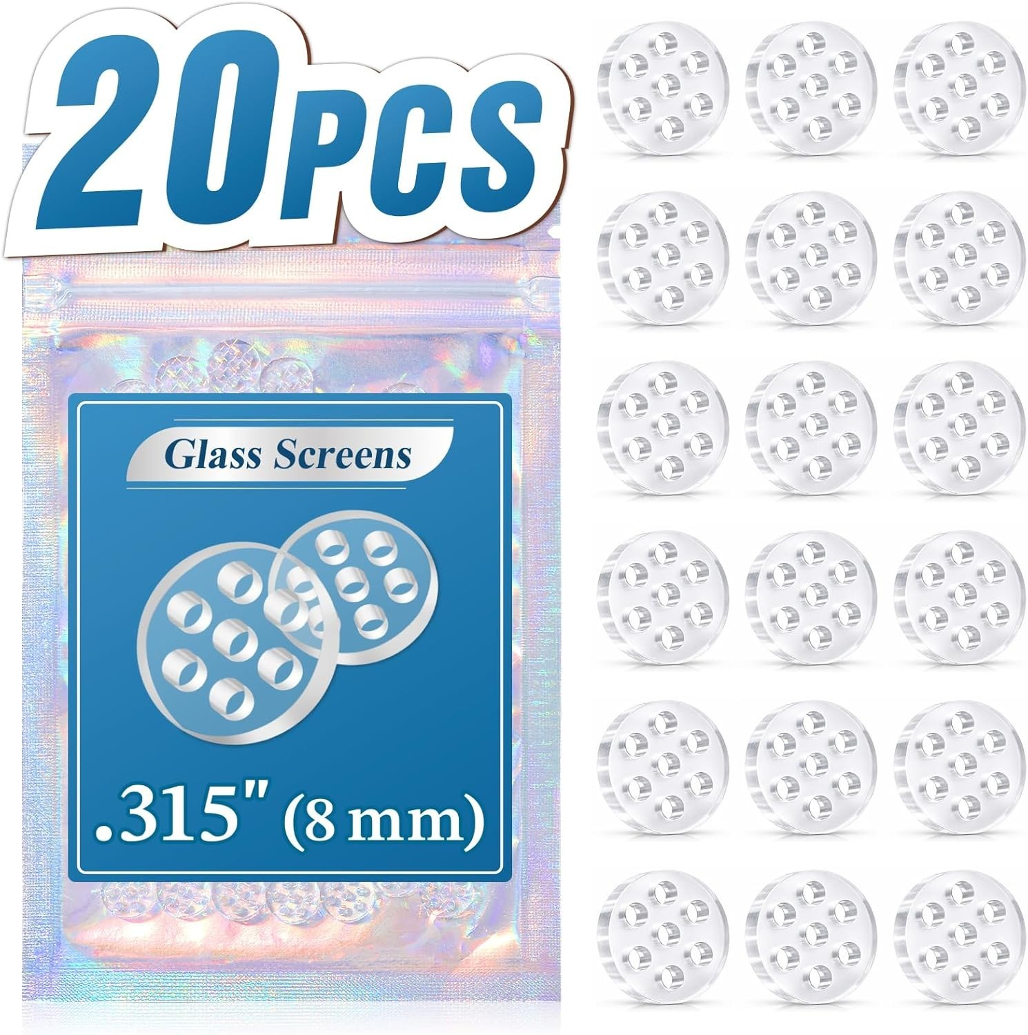Glass Screens for Pipes and Bowls, 20Pcs 8mm Glass Filter with 7 Honeycomb Holes