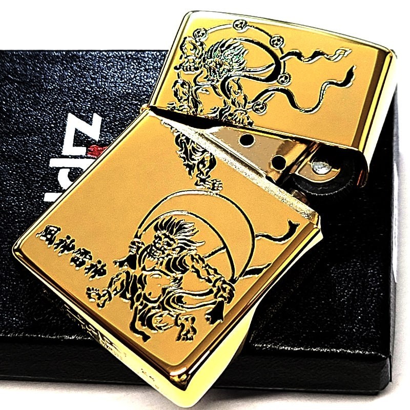 Fujin Raijin Wind Thunder God Etching Mirror Gold Japan Zippo Oil Lighter MIB