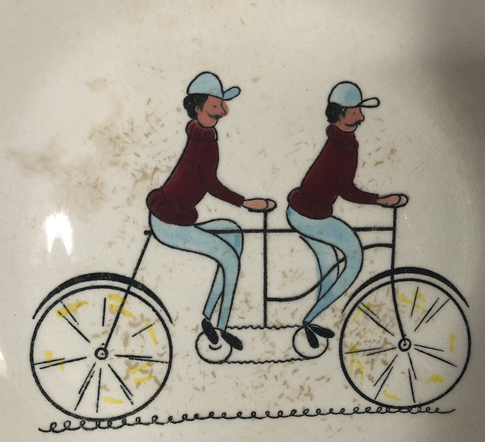 Ceramic Ashtray Gay Ninety’s Dandy Men on Tandem Bicycle Built for Two Worn