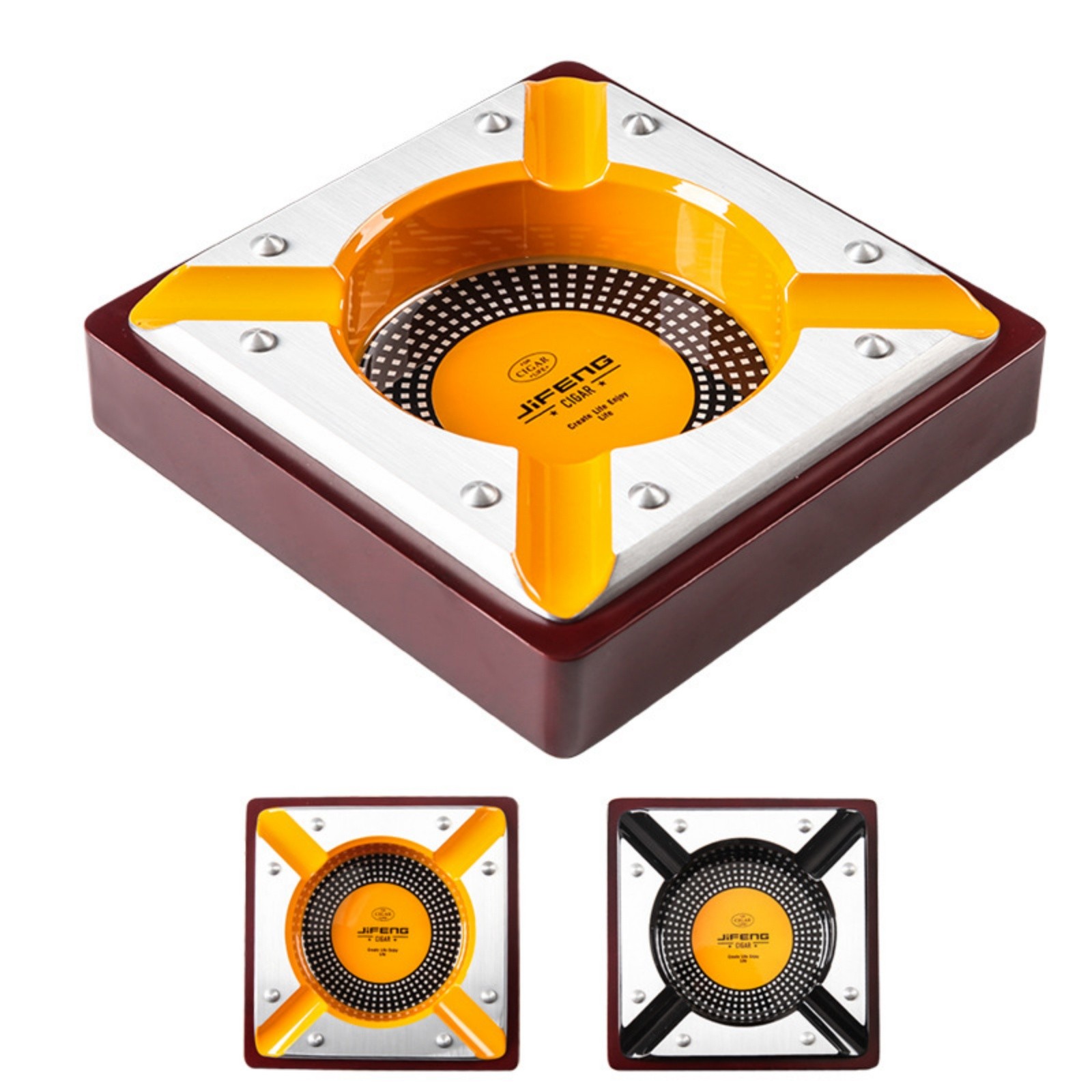 Large Cigar Ashtray Yellow 4 Slot Heavy Duty Ash Tray for Desk Lounge
