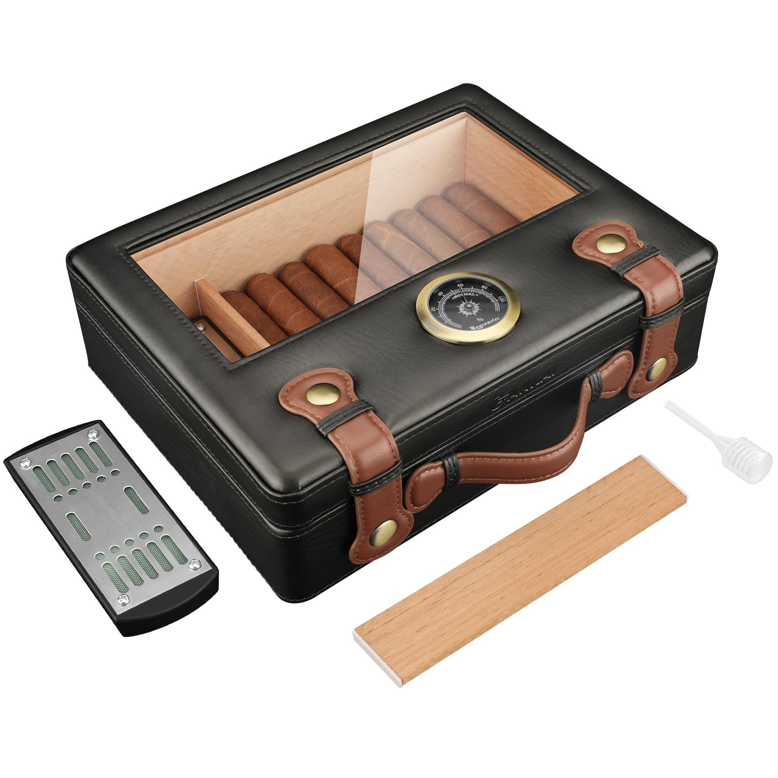 Cigar Humidor, Cigar Box with Hygrometer Humidifier and Divider, Glass Top Ce…