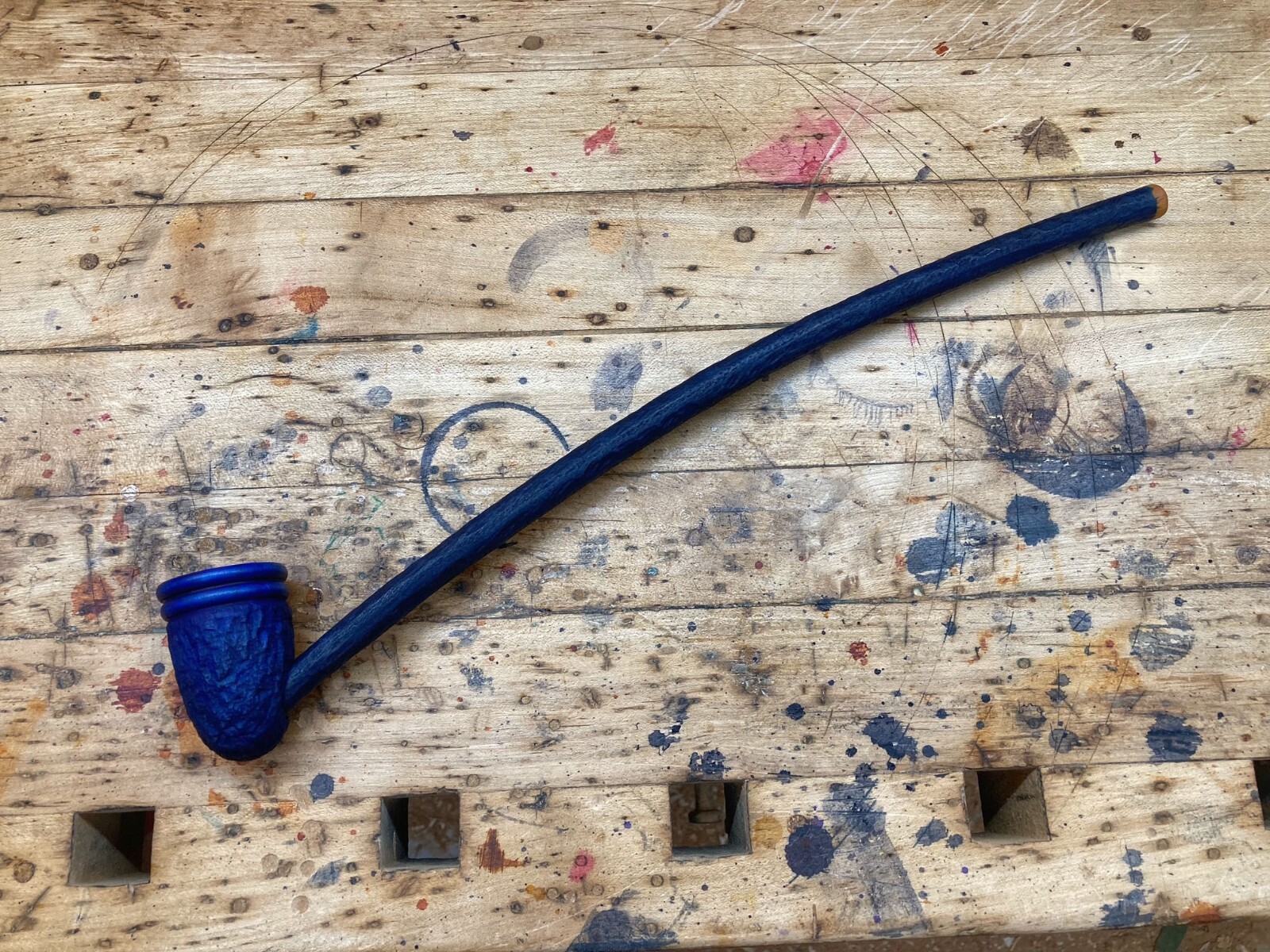 Wizard Smoking Pipe Long Stem Tobacco Pipe Rustic Black and Blue with Rings