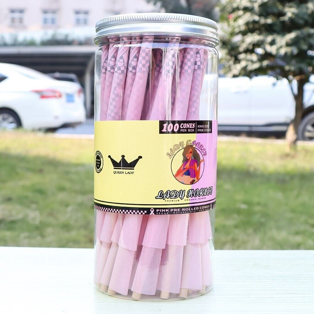 Hornet Pink Slow Burning Paper King Size 100-Pre Rolled Cones with Filter Tips