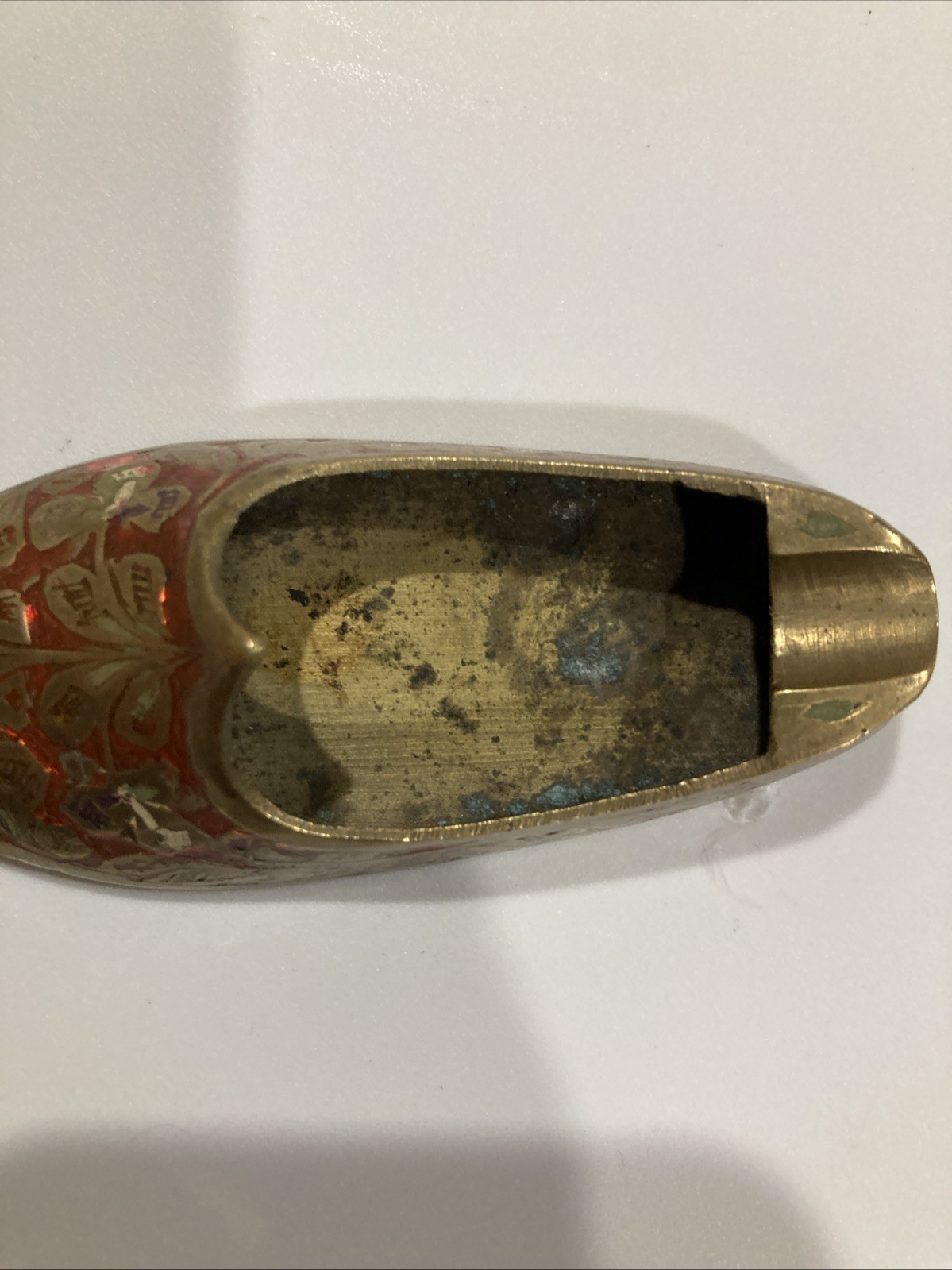 Vintage Brass Shoe India Ashtray Travel Incense Burner Red Inlay 3.5″ Nice Gift