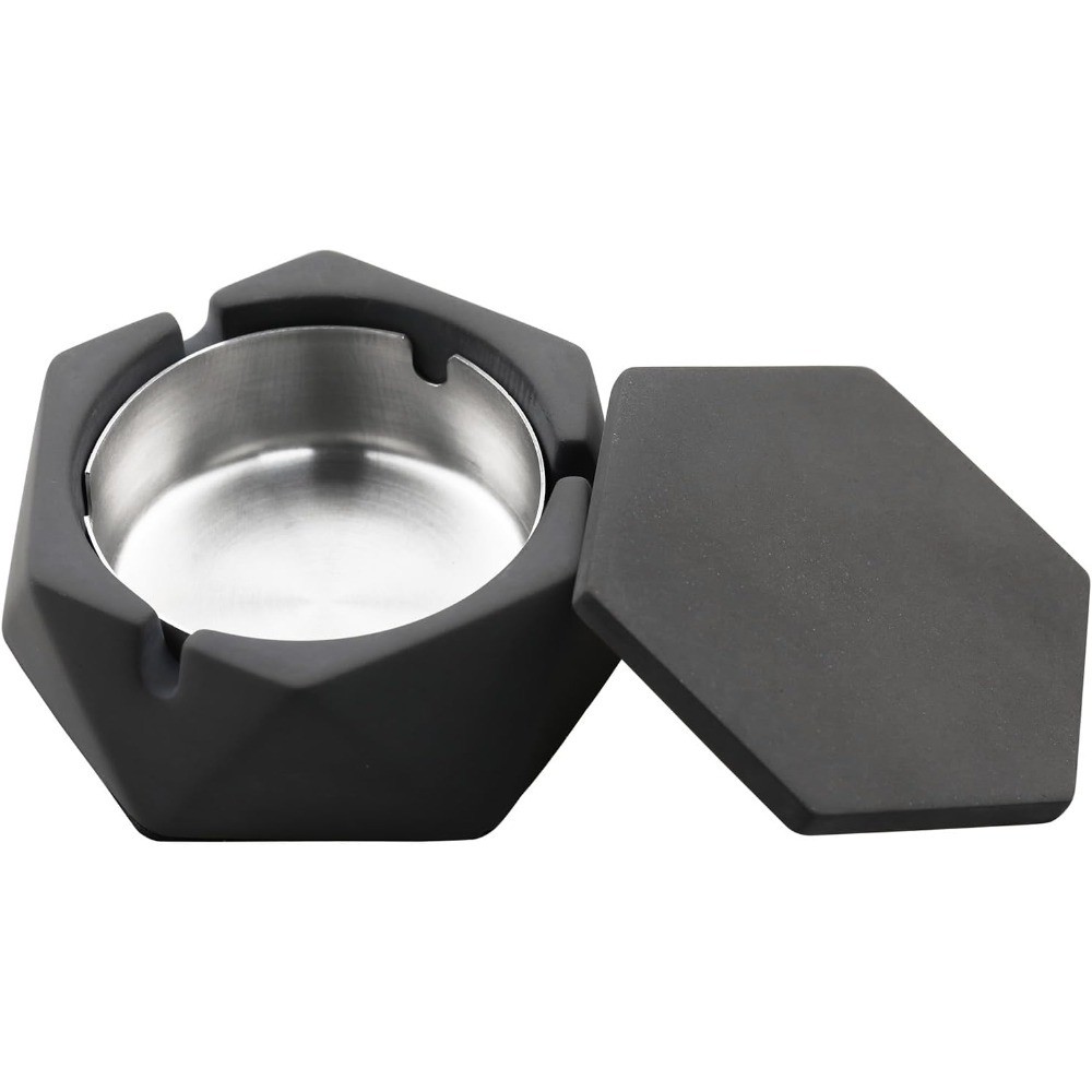 Concrete Ashtray with Lid Smokeless Windproof Cement Ash Tray for Indoor Outdoor