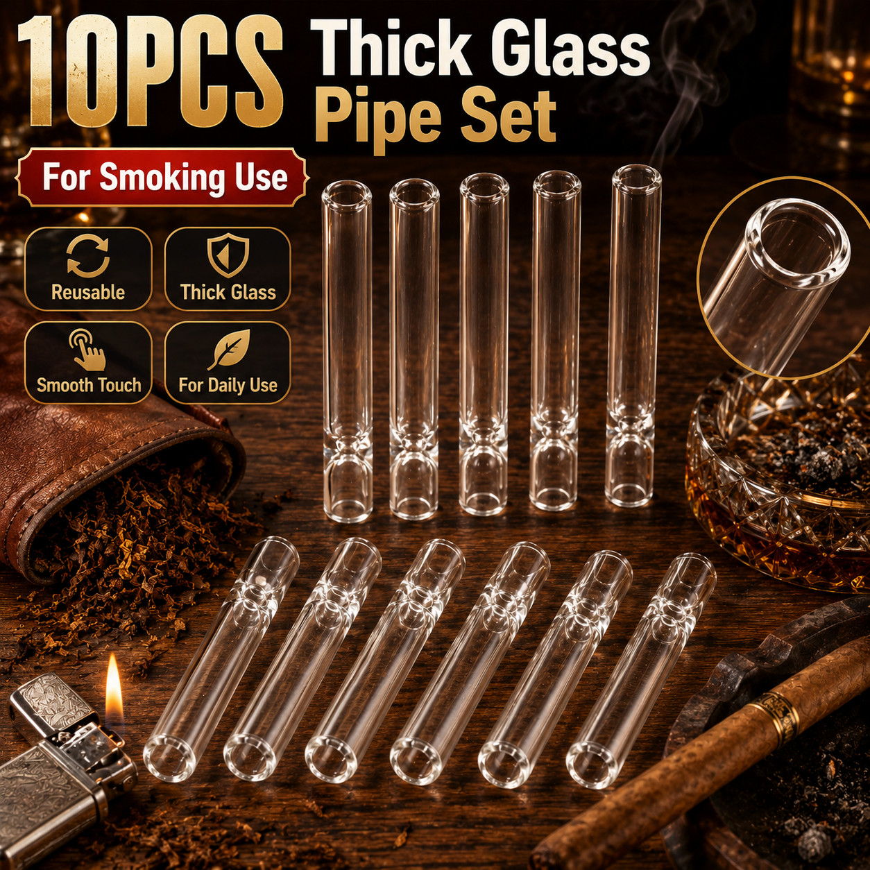 10 Pack Thick Glass Tobacco Pipe One Hitter Reusable Smoking Tube Accessory Set