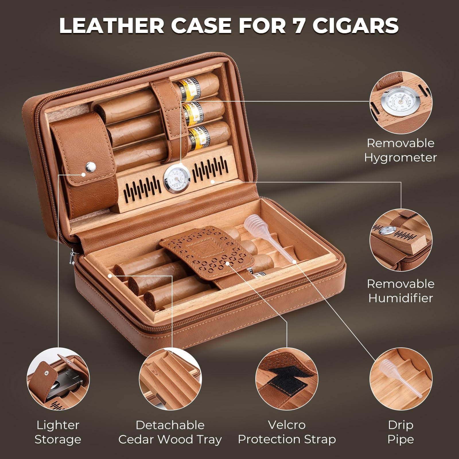 Glencreag Portable Travel Cigar Case Leather Cedar Wood Lined Cigar Case V