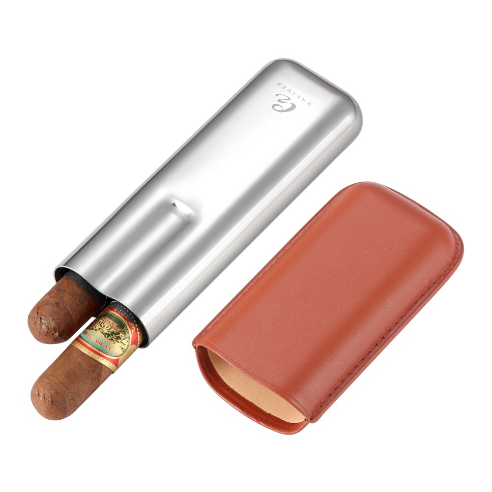Galiner Leather Metal Cigar Tube Cases Holders 2 Slot Cigars Humidor Box Travel