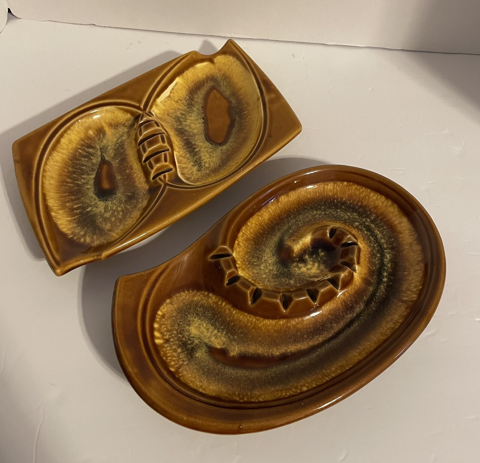 2Vtg Retro Rectangle Oval Ashtrays MCM Style Ceramic Japan Brown Gold Drip Glaze