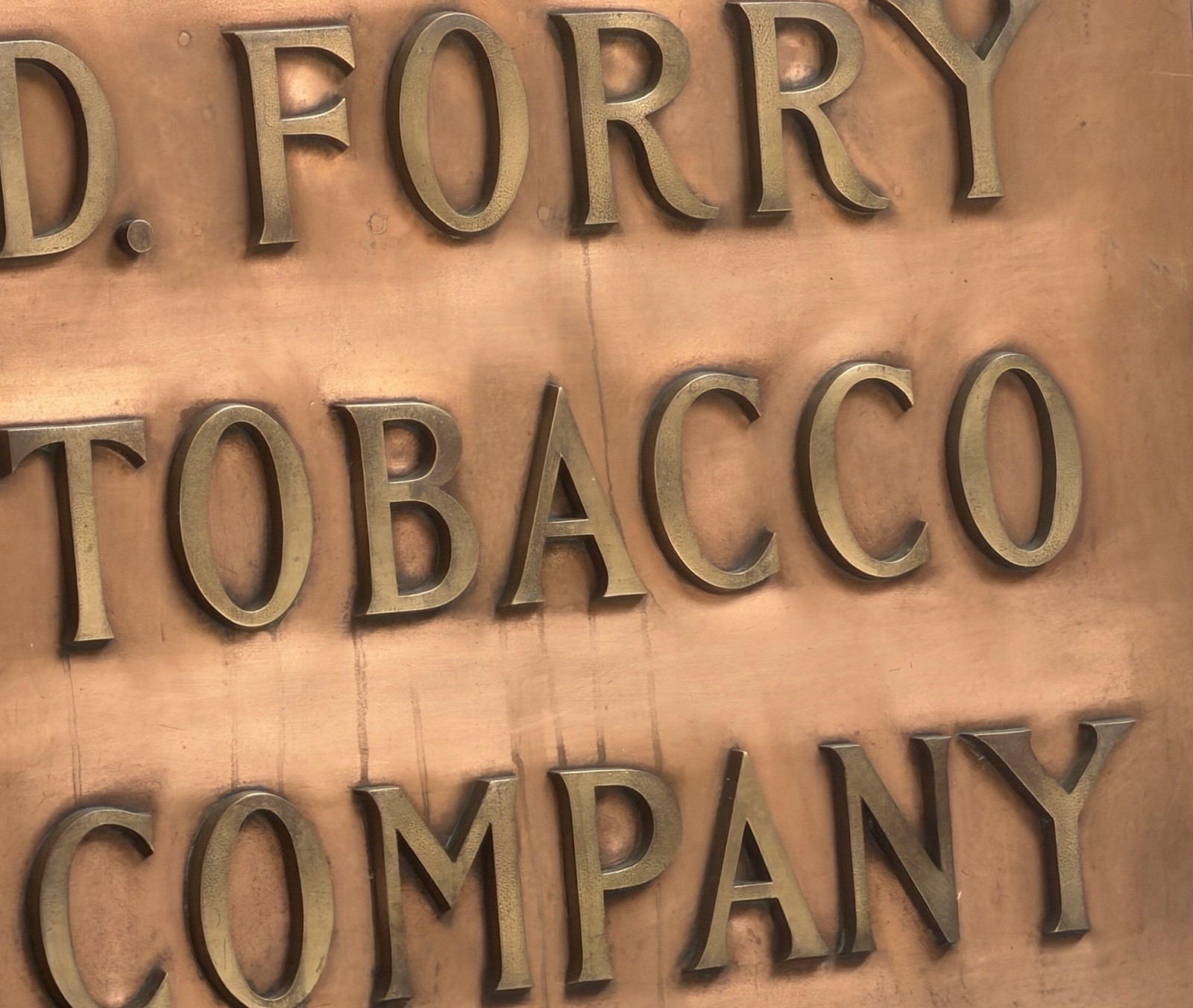 RARE Original D. FORRY TOBACCO CO Bronze Architectural Building Sign Copper