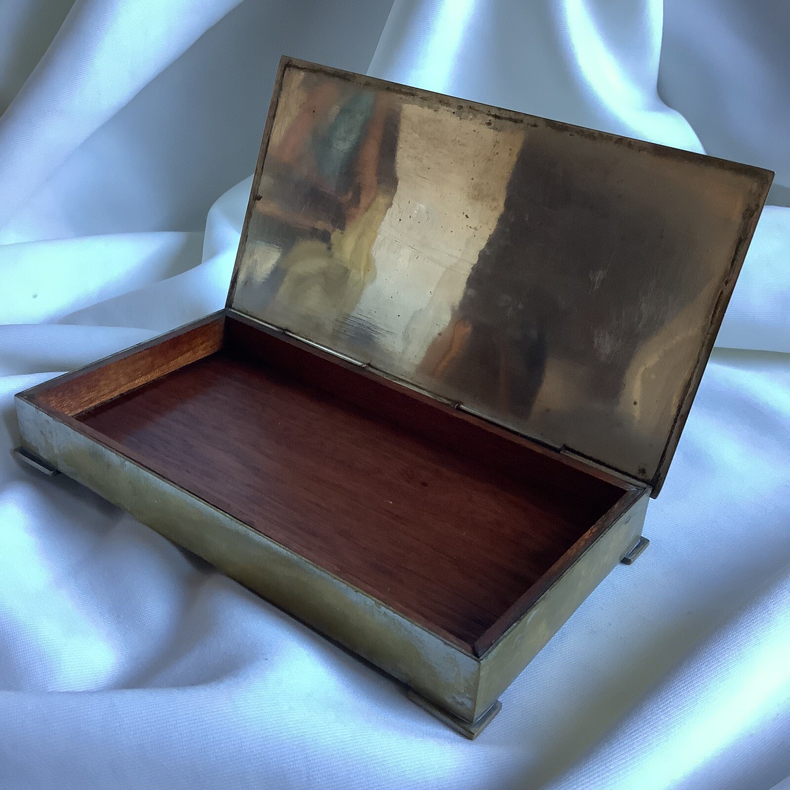 Mahogany Wood Art Deco Budapest Bridge Cigarette Cigar Silver Bronze Box Tevan