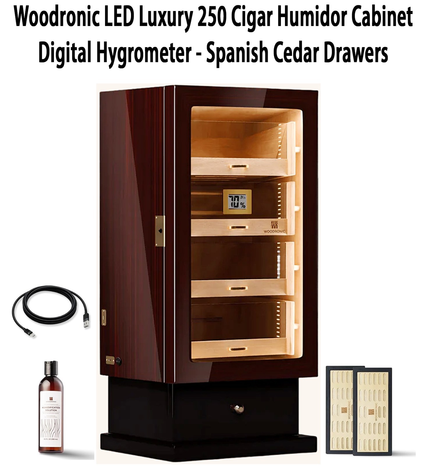Woodronic LED Luxury 250 Cigar Humidor Cedar Drawers Cabinet-Digital Hygrometer