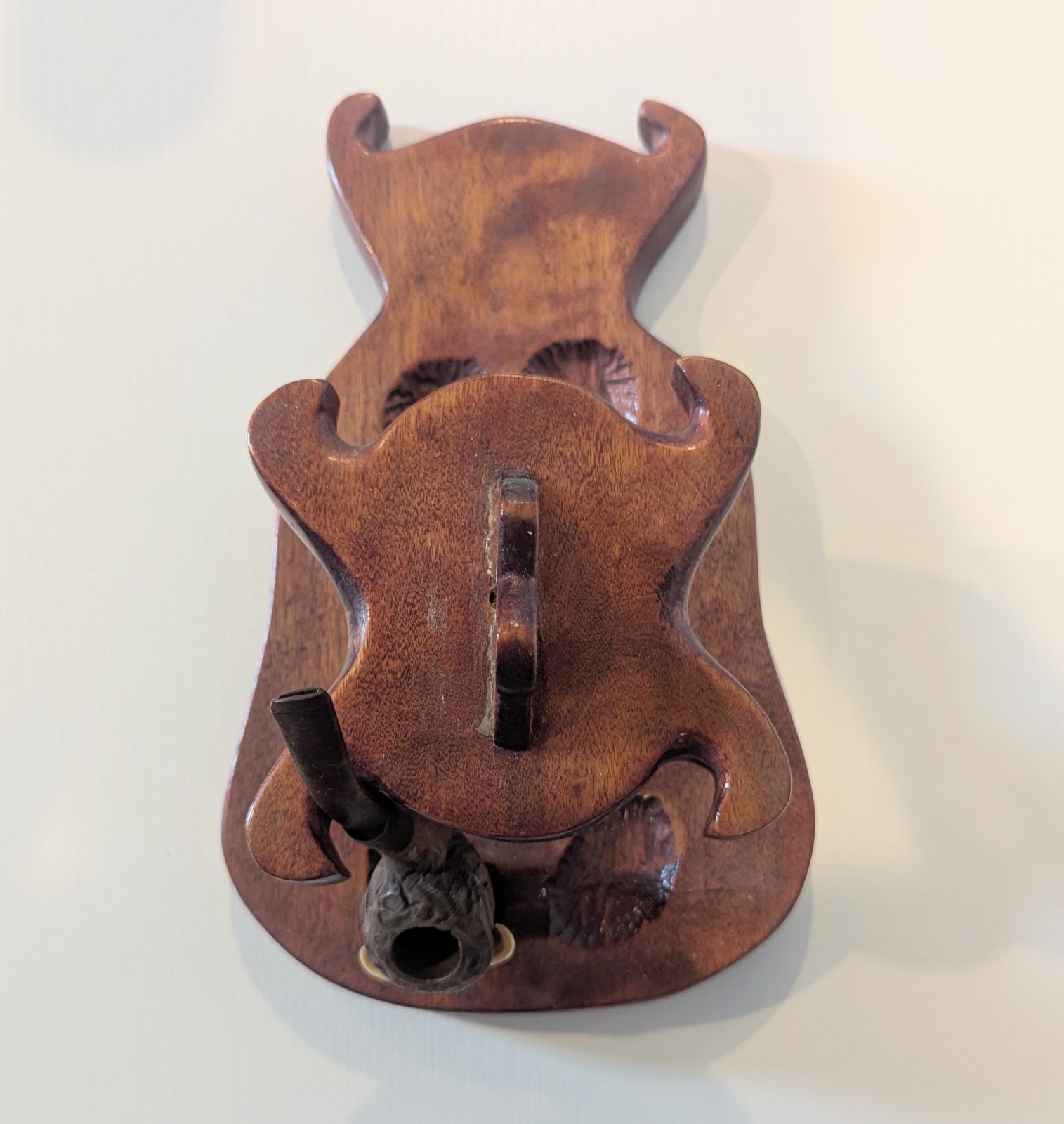 Wooden Tobacco Pipe Rack 4 Holders & Italian Briar Bull Pipe Carved Buffalo Head