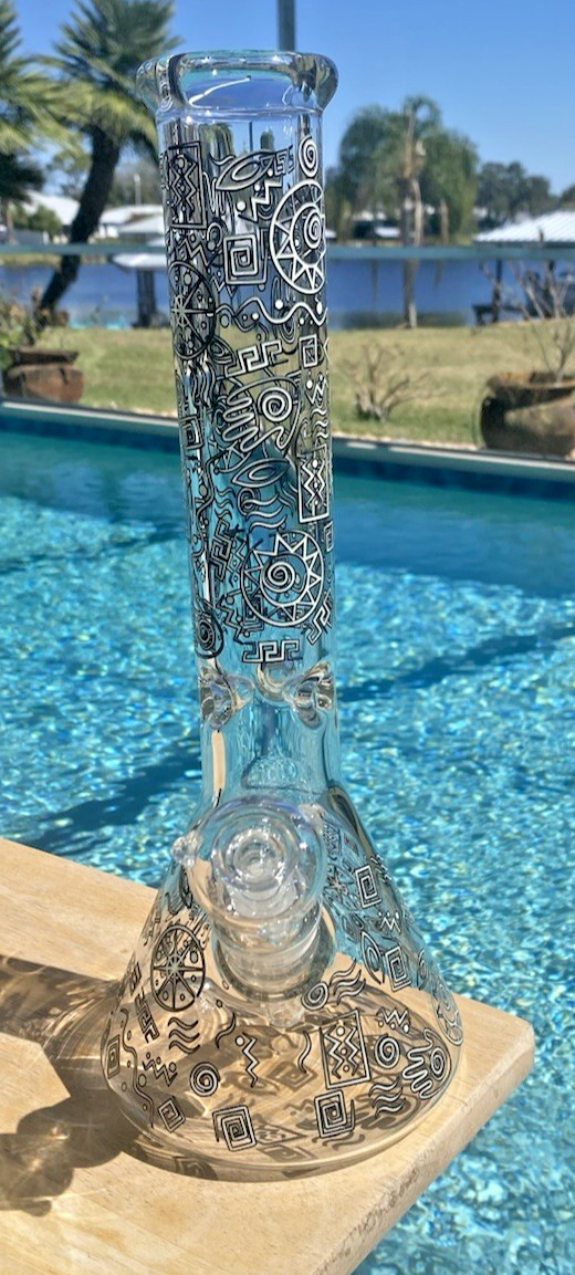 14″Glow in the Dark 7mm Glass Water Pipe Bong Beaker Ice Catcher 5.75″ Base 14mm