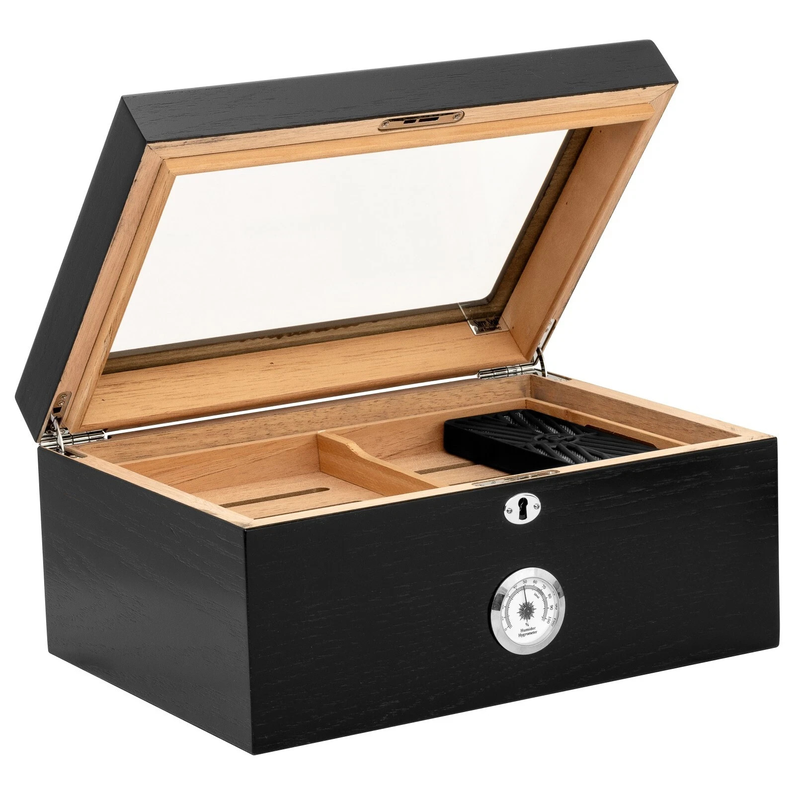 Glasstop Large Cigar Humidor Cedar Lined Box Black Holds Up To 100 NEW NIB