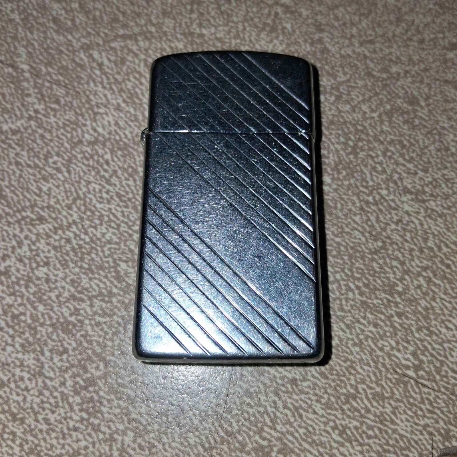Vintage 1989 Zippo Slim B V Diagonal Slash Lines Chrome Pocket Lighter