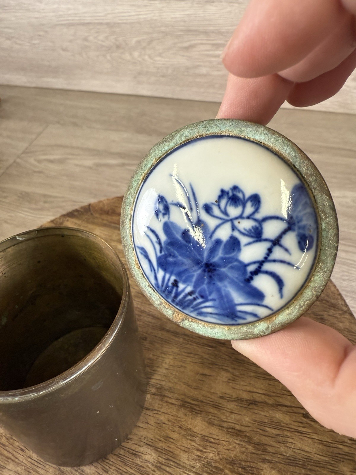 Vintage Brass Snuff Tobacco Jar with Hand Painted Blue Floral Delft Lid 3.5”