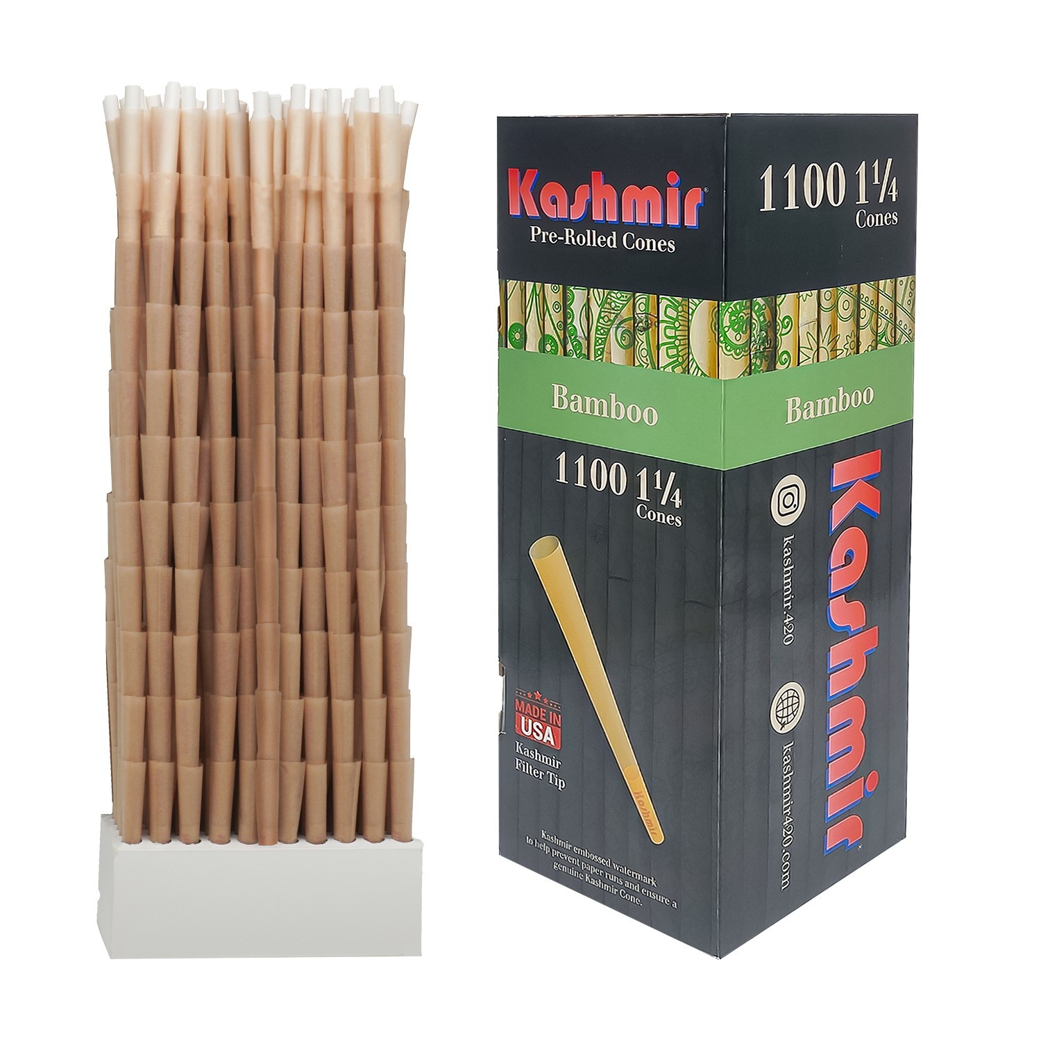 Kashmir Pre Rolled Cones 1-1/4 Bamboo Slow Burning Rolling Paper Cones 1100 Ct