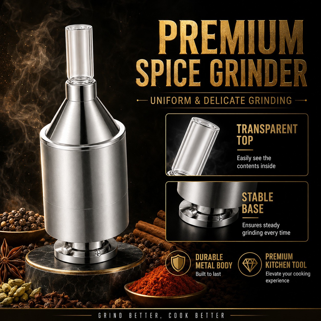 56mm Big Size Manual Metal Spice Powder Grinder Hand Crank Funnel Container Tool