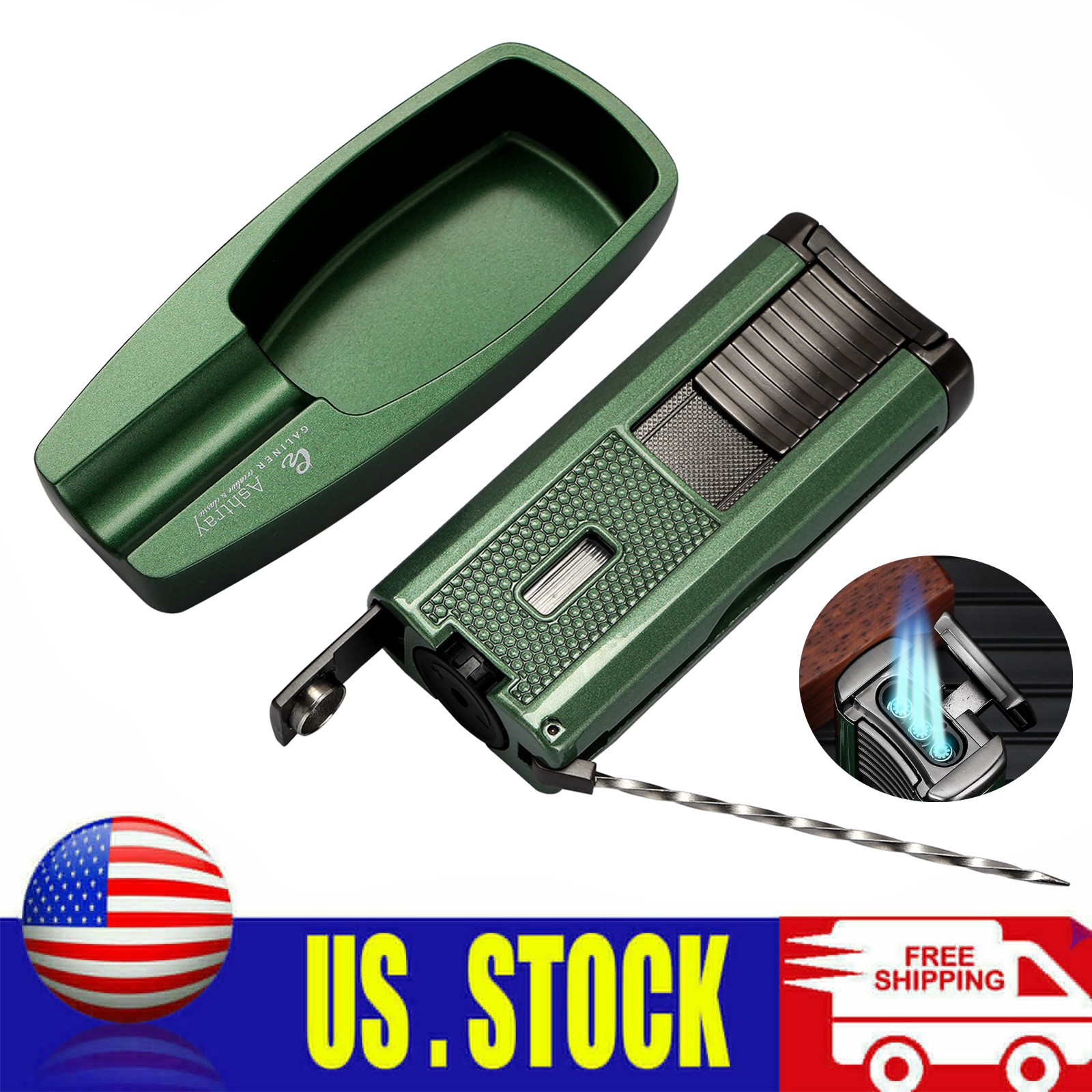 Galiner Metal Green Cigar Ashtray Holder Torch Cigar Lighter Punch Refillable