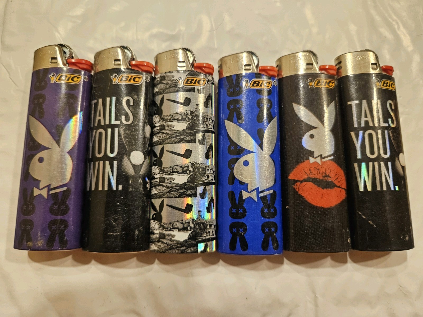BIC Playboy Collectible Lighters Set of 6 Assorted Black Purple Blue Silver Red