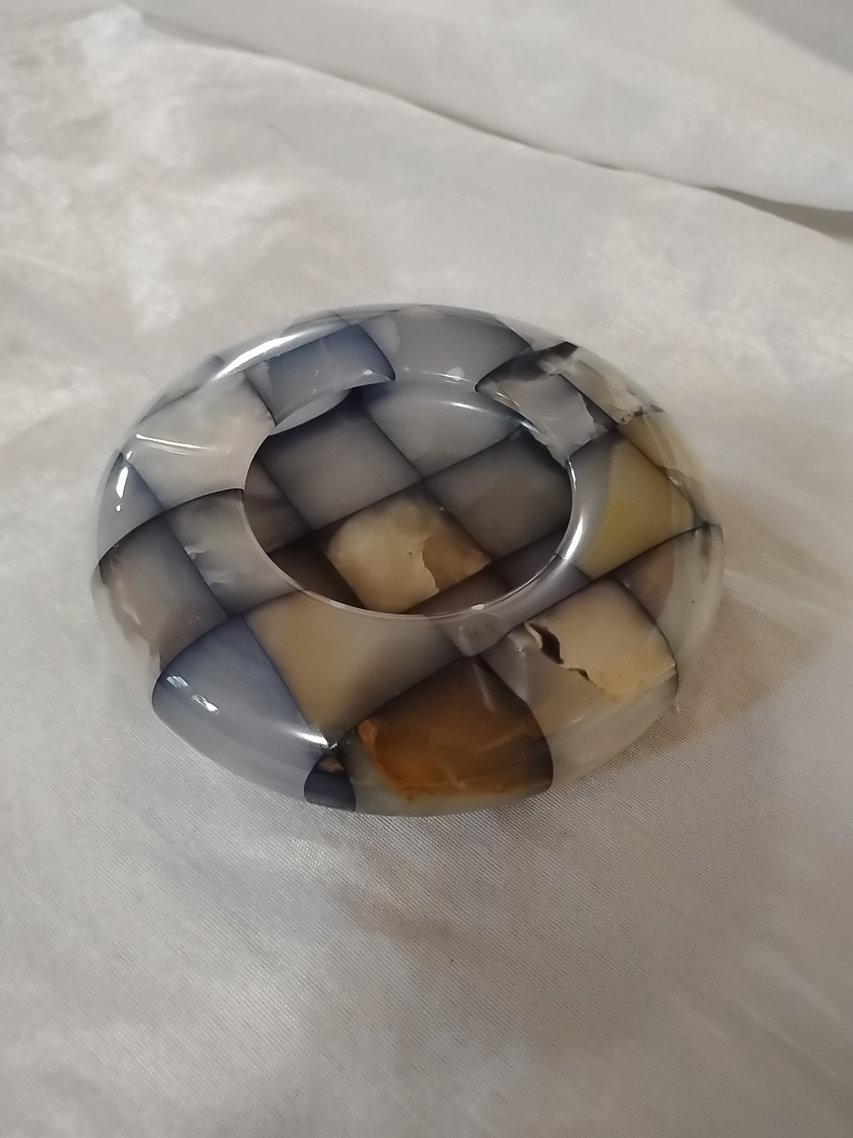 Vintage 1950s Checkerboard Italian Onyx Marble Polished Round Ashtray Decor