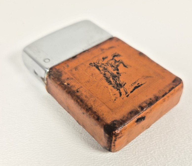 Vtg Brown & Bigelow Wind Master Lighter Western Cowboy Bronco Leather Wrap MCM