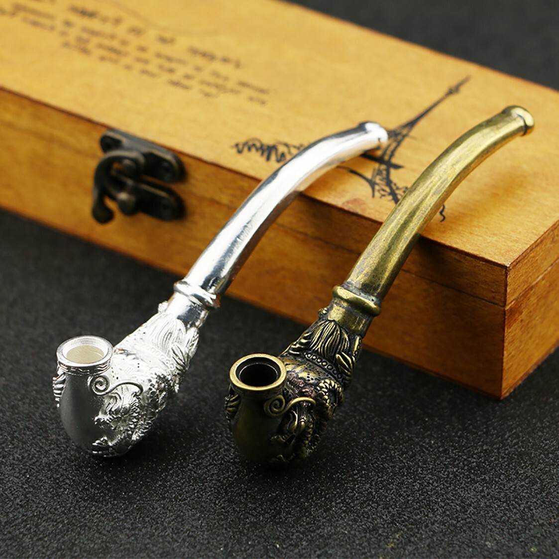 2Pcs Bronze Dragon Silver Phoenix Tobacco Smoking Pipe Hand Carved Copper Statue