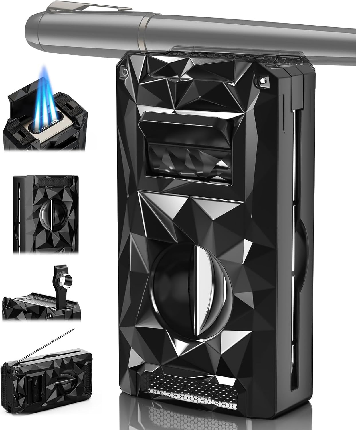 5-In-1 Windproof Lighter with Punch, Draw Enhancer, Holder, Triple Jet Flames an
