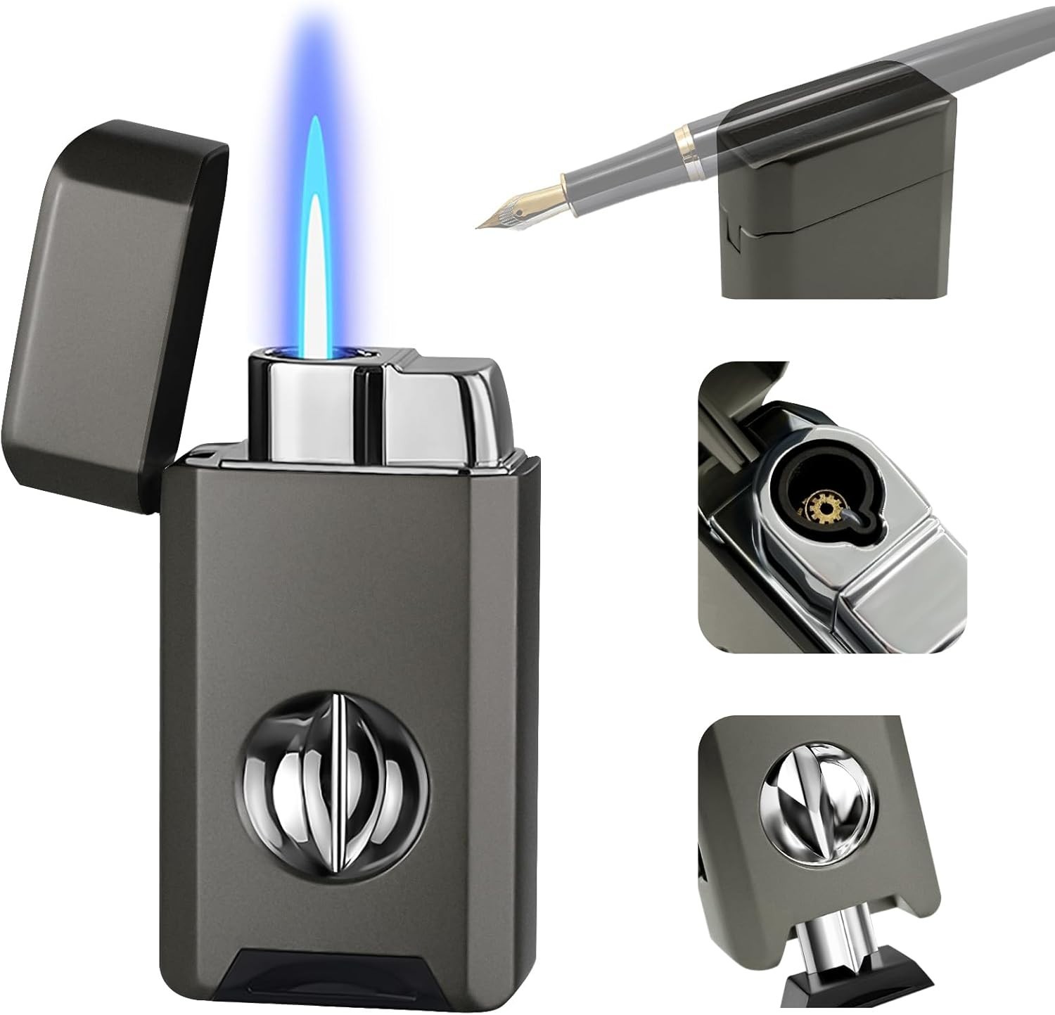 Jet Flame Torch Lighter w/ Built-in V Cutter & Holder – Wind Proof – Gray Metal