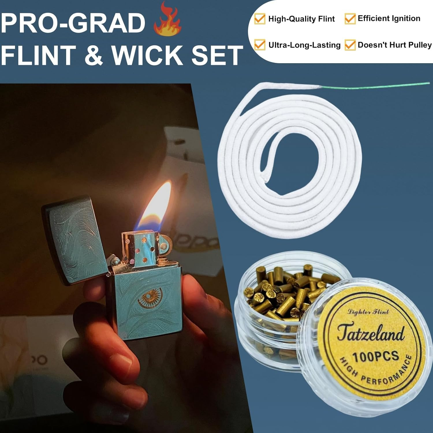 Lighter Flints and Wick Set – Inculdes (100Pcs Flint Stones, 40” Cotton Wick…