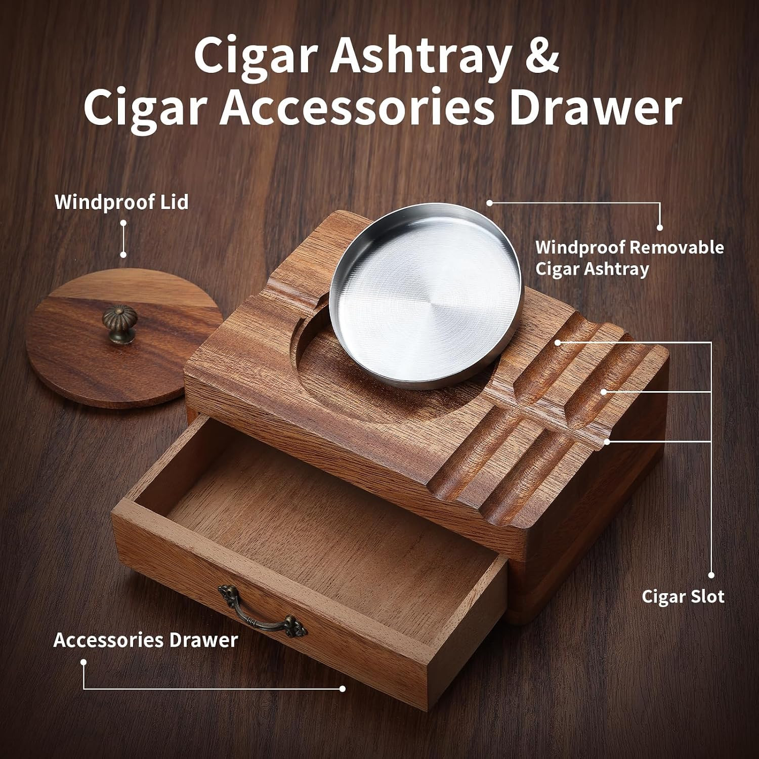 Cigar Ashtray Wooden Box – Windproof Lid, Stainless Steel Removable Bowl, Cigar