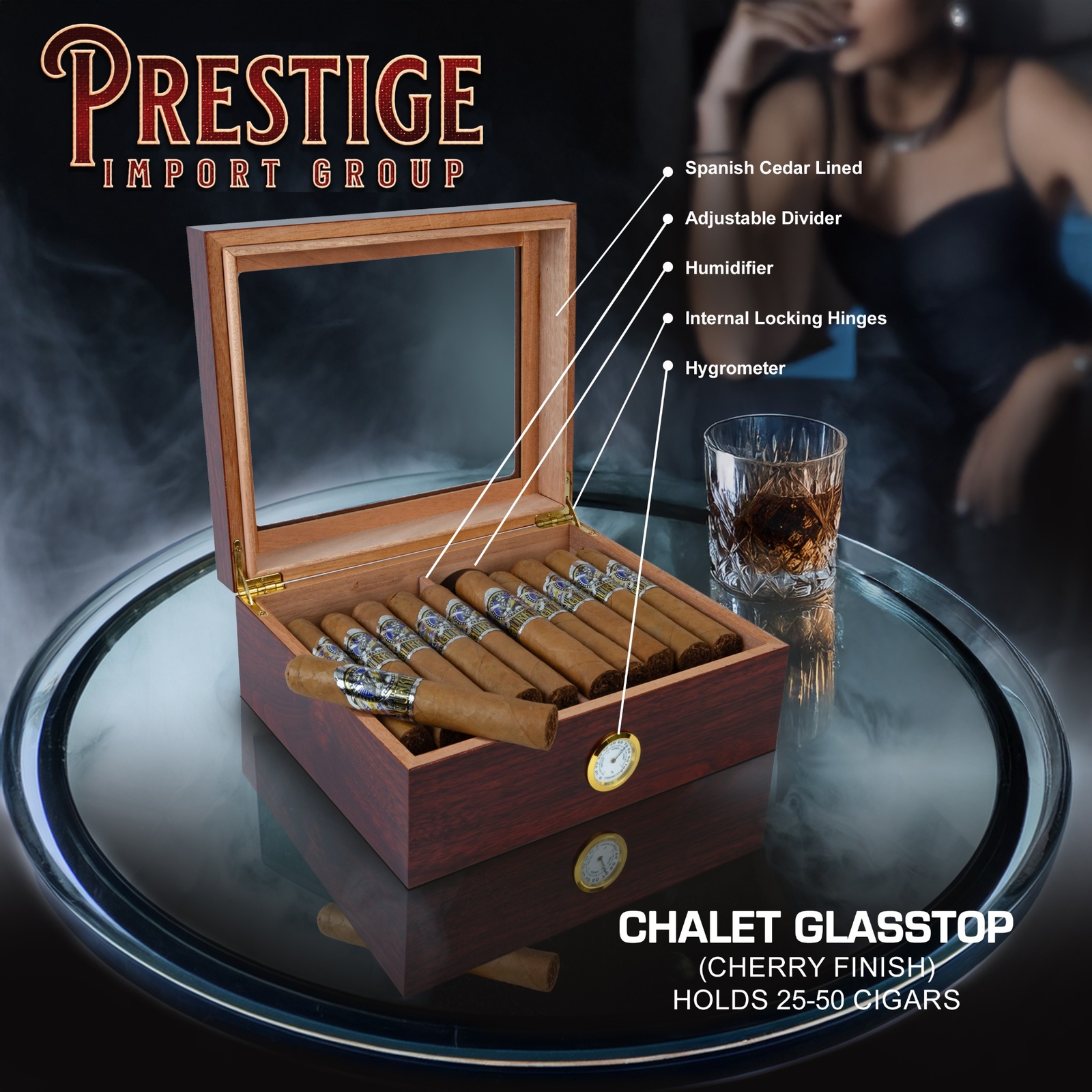 Prestige Import Group Chalet Glasstop Cherry Cigar Humidor (FAST FREE SHIPPING)