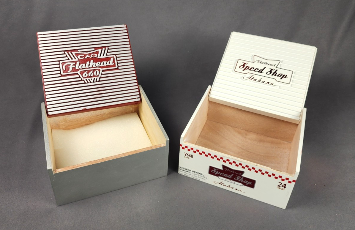 Lot of 2 CAO Flathead V660 Carb Speed Shop Empty Cigar Boxes HotRod Garage Décor