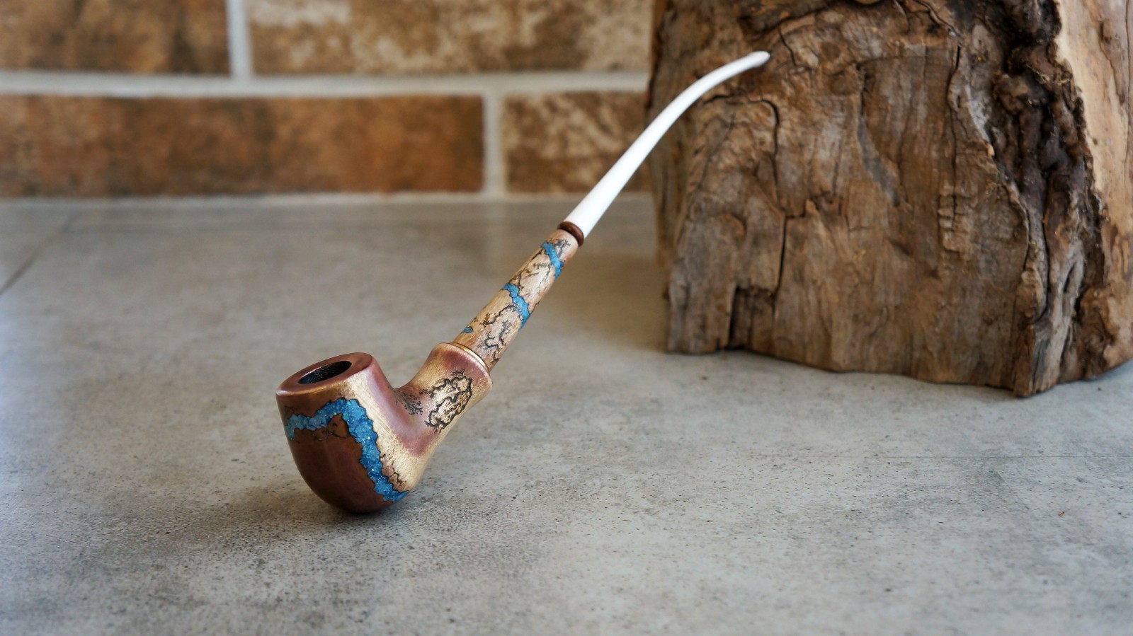 Wooden Tobacco pipe Handmade – Long Smoking Pipe Turquoise Inlay – White Steam