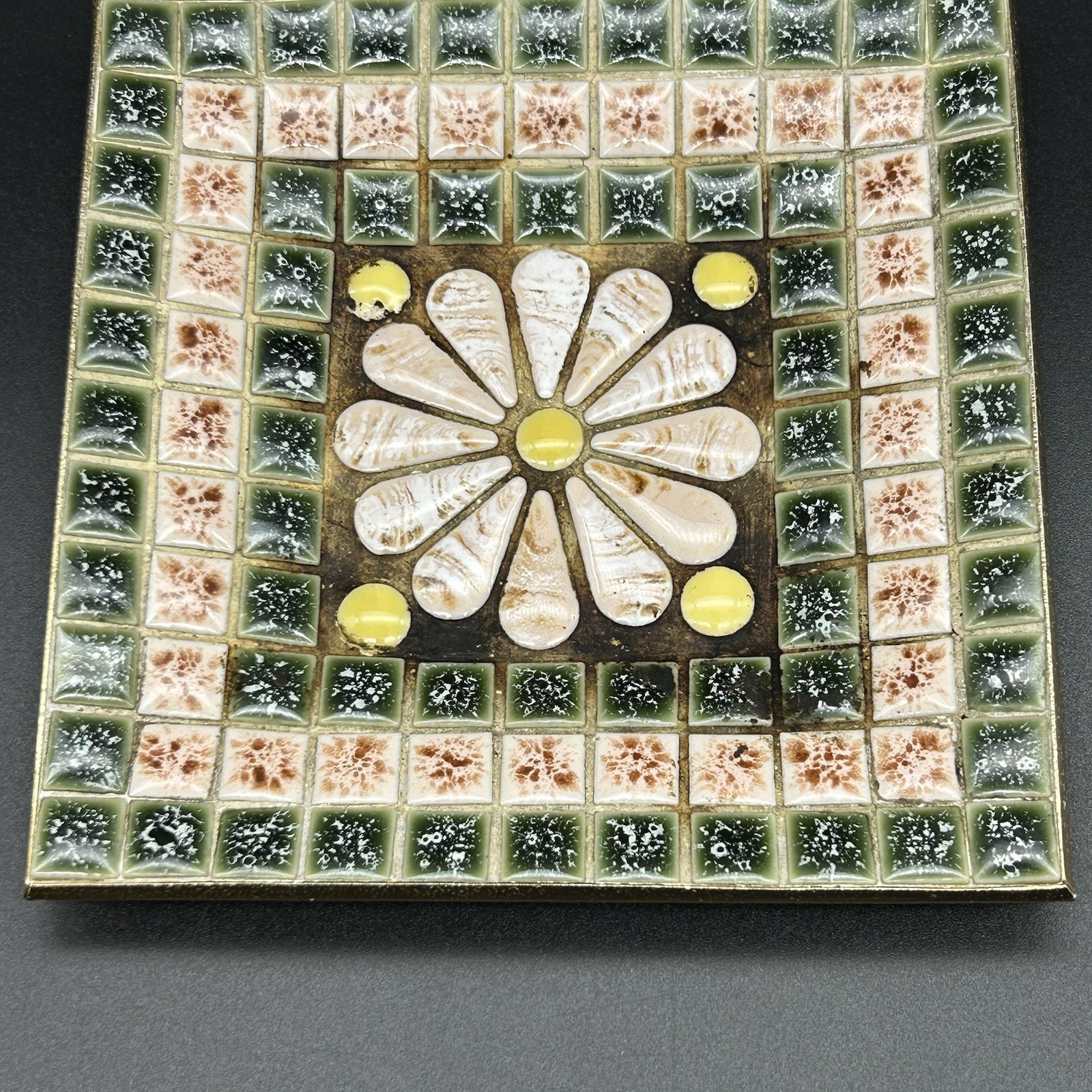 VTG Ucagco Ceramic Mosaic Tile Smoking Ashtray Trinket Dish Daisy Flower Design