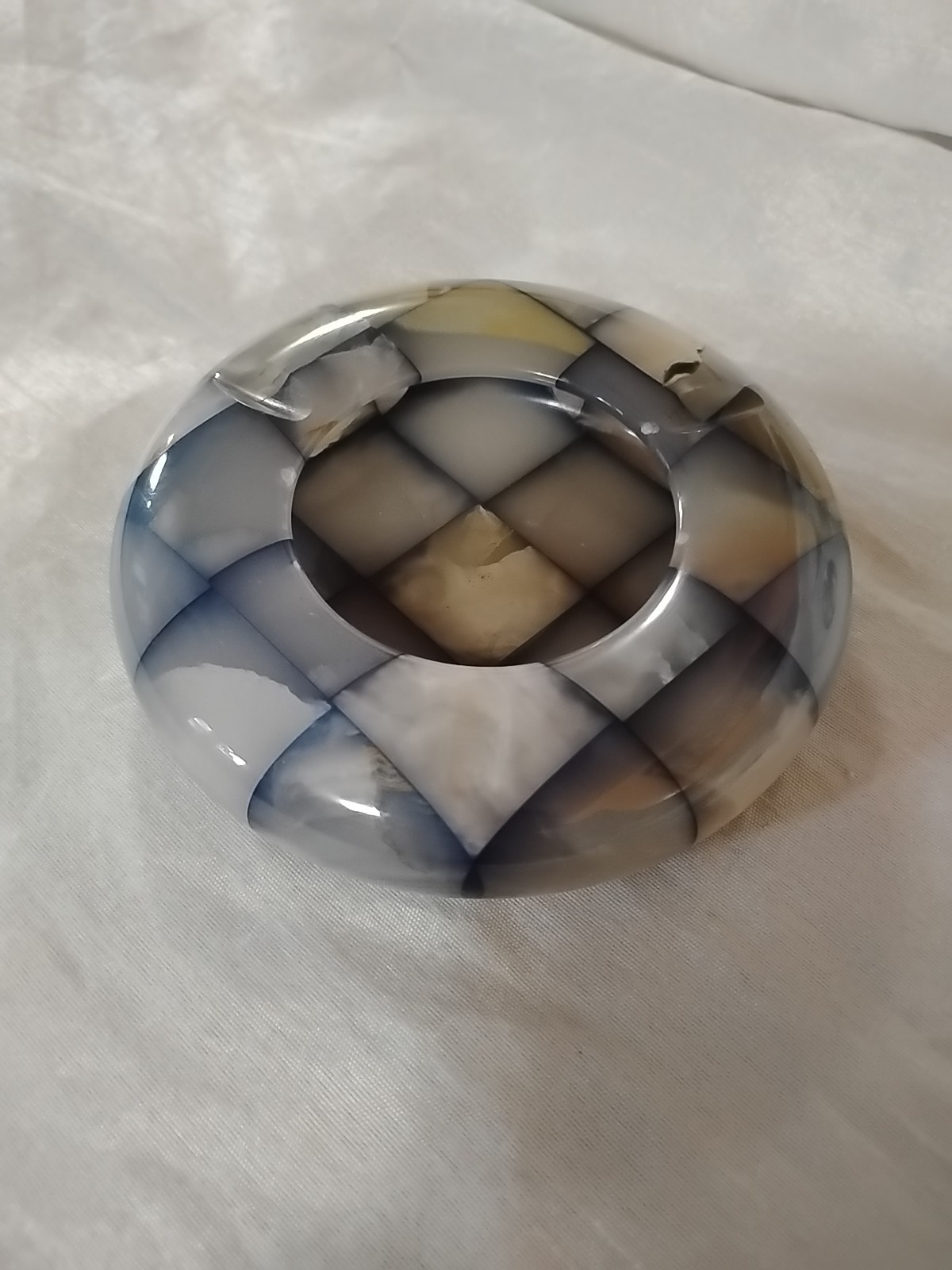 Vintage 1950s Checkerboard Italian Onyx Marble Polished Round Ashtray Decor